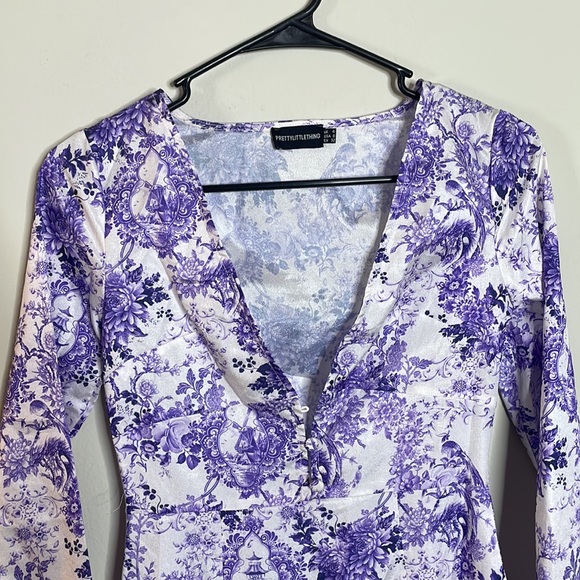 Purple and White Patterned Mini Dress - Picture 2 of 8